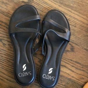 Black slip on Sarto sandals, very comfortable.